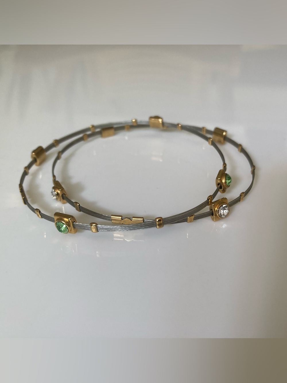 Silver and gold tone minimalist wire bracelets rhinestone accents, set of two